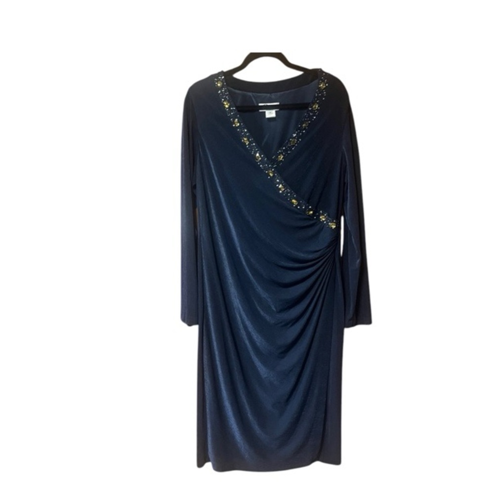 Patra Navy Beaded Ruched Cocktail Midi‎ Dress
